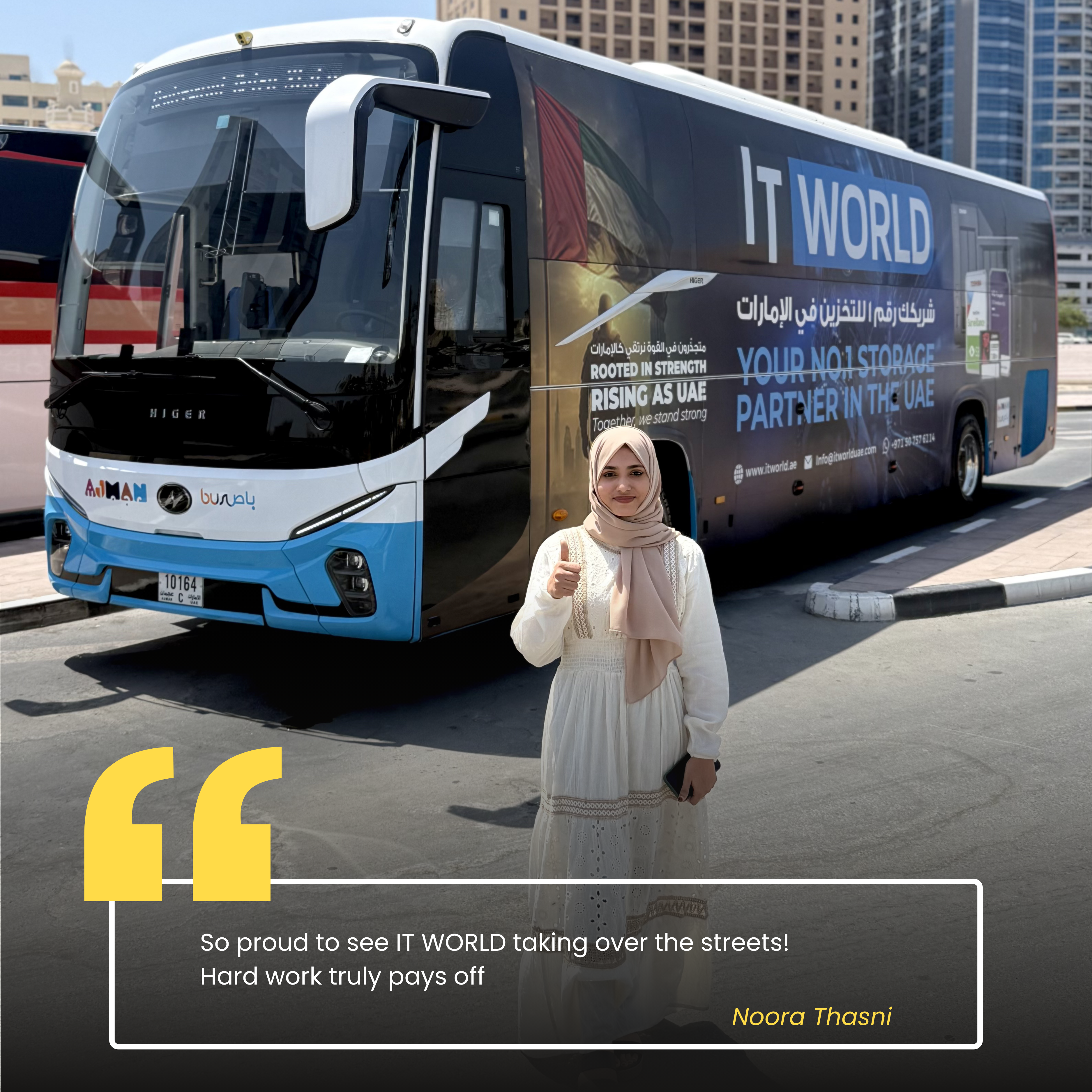 Noora — IT World Trading team member, photographed beside the RTA campaign bus
